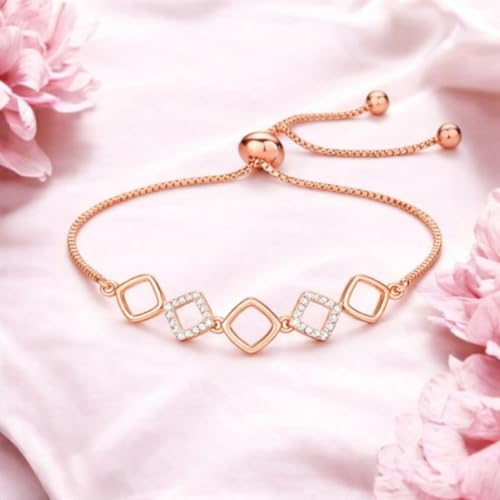 Image of Nilu's Collection Rose Gold & Silver Plated American Diamond Adjustable Bracelet, Stylish Fashion Jewellery Gift for Women