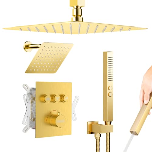 Brushed Gold Shower System, STARBATH Ceiling Mounted 12+8 Inch Rainfall Shower Head with 2 in 1 High Pressure Handhled, Can Use All at Once, Push Button Diverter Thermostatic Valve with Trim Kit