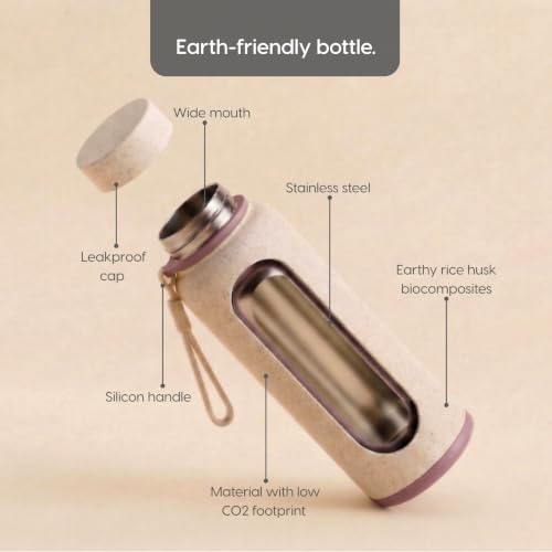 Image of Eha Earth Friendly Hydralife Water Bottle for Office & Schools | 600 ml Stainless Steel Water Bottle for Kids & Adults Made with Rice Husk | Bottle for Men, Women | Leak Proof | 1 Unit