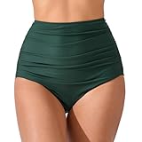JOYBIK Women’s High Waisted Full Ruched Bikini Swim Bottoms Tummy Control Full Coverage Swimsuit Bottoms Green 2XL
