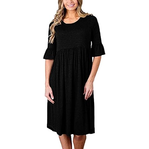 Maketina Women's Casual Loose Midi Swing Dress With Ruffle Sleeve - Black Cover