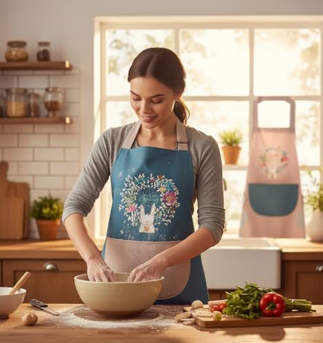 Image of KASHIVAL Waterproof Kitchen Apron for Women with Big Front Pocket & Integrated Hand-Wiping Towel, Oil-Proof Cooking Apron for Baking & Grilling, Stain-Resistant Multi Design