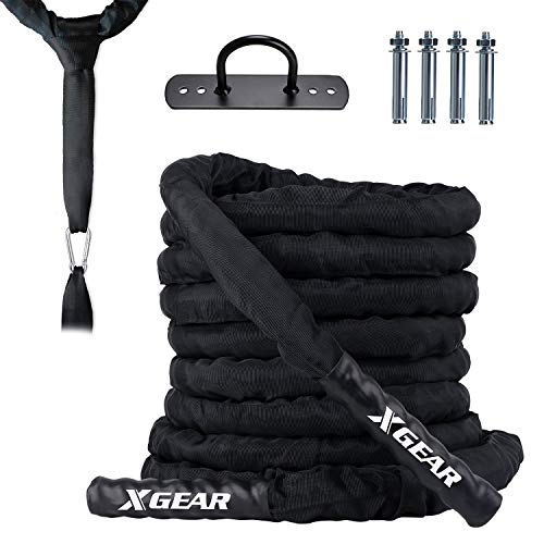XGEAR Heavy Battle Rope,Anchor Strap Kit/Wall Hanger Included - Exercise Training Rope 100%