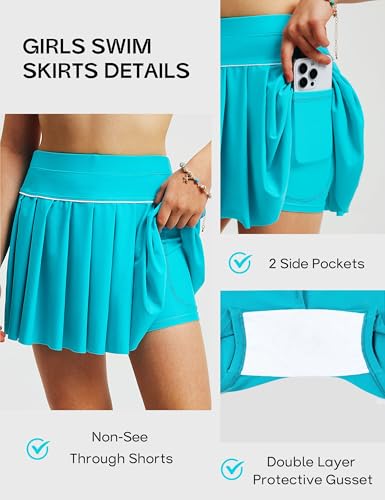 Image of FitsT4 Sports Girls Swim Skirts with Pocket & Shorts UPF 50+ Swimming Bottom Kids Bathing Skort for Surfing Beach Volleyball