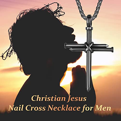 Hattidoris Nail Cross Necklace For Men Stainless Steel Chain 24Inch 3 Nails Jesus Cross Pendant Christian Gifts For Dad 3 Colors（Black） #TOP4