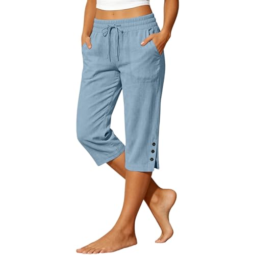 Petite Capris for Women Pull On Elastic Waisted Stretch Capri Pants Casual Summer Work Yoga Slacks Pedal Pushers with Pockets Ladies Capris,Sky Blue,3X-Large
