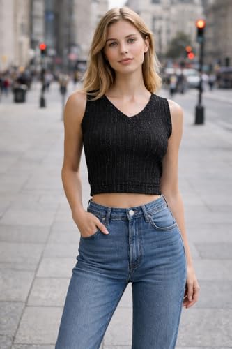 Image of Amazon Brand - INKAST Women Women's Textured Sleeveless Ribbed Knit V-Neck Crop Top (Pack of 2)
