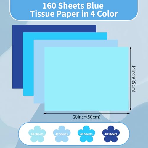 160 folhas de papel de seda azul para sacolas de presente 50 x 35,5 cm, papel de embrulho a granel p