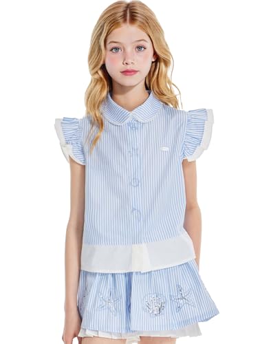 Girls Blue Ruffle Sleeve T-Shirt with Ocean Embroidery, Striped Summer Tops Fashion Tees for Girls Size6-16
