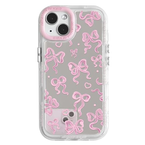 NITITOP Compatible with iPhone 15 Plus Case Cute Mirror Bow Love Heart Pattern for Women Girls Ribbon Design Shockproof Silver Protective Phone Cover - Pink Bow