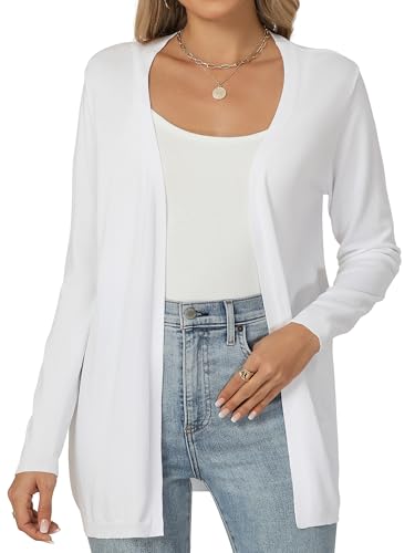 Famrrifuu Gilet Long Femme Cardigan Manches Longues Ouverte Devant Elegant Casual Veste Léger Gilet Été Printemps, Blanc, L
