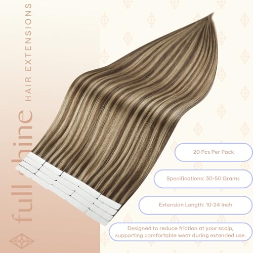 Image of Full Shine Human Hair Extensions Tape in, Brown Blonde Mix 12 Inch | 30g 20PCS, Seamless Skin Weft Remy Tape in Hair Extensions Human Hair, Lightweight Natural Daily Volume for Fine Hair