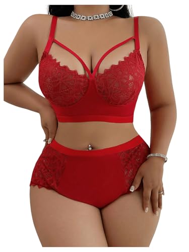 Image of MakeMeChic Women's Plus Size Lingerie Sets Contrast Lace Cut Out Wireless Bra and Panty Set
