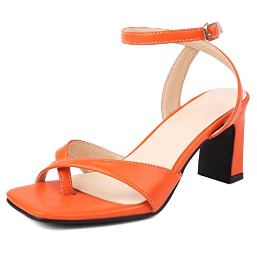 MJIASIAWA Mujer Tacón Ancho Correa De Tobillo Bridal Sandalias Verano Zapatillas Moda Flip Flops Strappy Punta Abierta Floral Fiesta Zapatos Naranja Talla 38 EU/39 Asiática