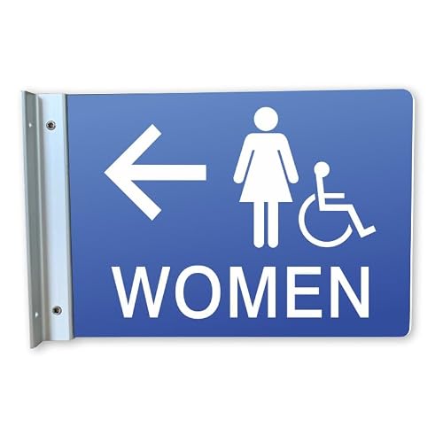 Women's Restroom Projecting Corridor Sign with aluminum wall bracket, Left Arrow, Accessible Symbol 6x9”, Large Legible Text, Double Sided, Weather Resistant Acrylic, Made in USA