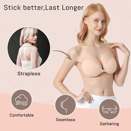 GKHWON Adhesive Bra Strapless Backless Invisible Push Up Sticky Bra with Silicone Nipple Covers Reusable Beige+Black D - 1