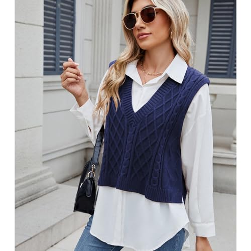 Image of Blostirno Women's Sweater Vest V Neck Sleeveless Casual Ribbed Cable Cropped Pullover Vests Argyle Plaid Knit Tank Tops