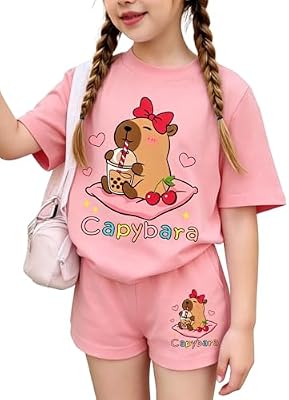 Voxikidio Girl Outfits Size 7-8 Casual Lounge Set Cute Print T Shirt & Shorts Summer Pink