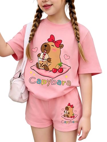 Voxikidio Little Girls Clothes Cute Capybara Print & Cherry Bow Short Sleeve Shorts Set 9 10 Year Old Girl Outfits Pink Size 9-10