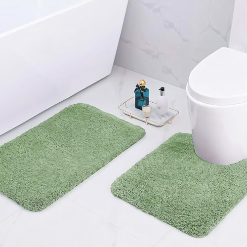 wyewye Mikrofaser-Badematten, 2 cm super dicke Badteppiche, super saugfähige Badezimmerteppiche 50x80 cm und 50x50 cm U-Form, Hellgrün