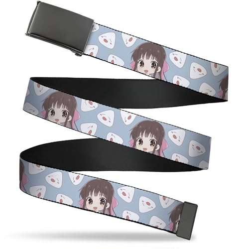 Buckle-Down Crunchyroll Belt, Flip Web Belt Fruits Basket Chibi Tohru Honda and Rice Ball Light Blue, 1.25 Inch Wide, Fits up to Size 42