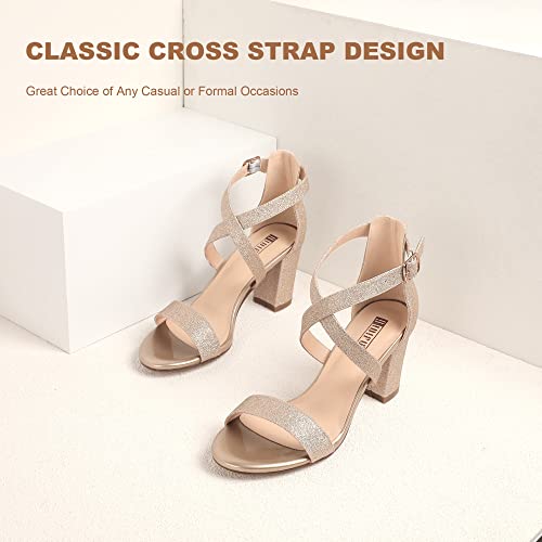 Idifu Women's In3 Grace Strappy Block Heels Sandals Comfy Open Toe Chunky Dress Wedding Shoes With Adjustable Cross Strap (Gold Glitter, 7.5 M Us) #TOP4