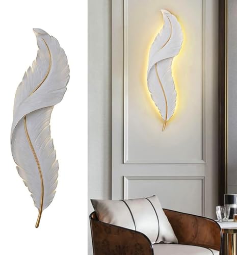 Groeien 12W | 3 Color Modern LED White Feather Wall Sconce Gold Wall Light for Bedroom Living Room Corridor Lighting Fixtures Wall Mount(Warm+Natural+Coolwhite)(Feather-White, 1)