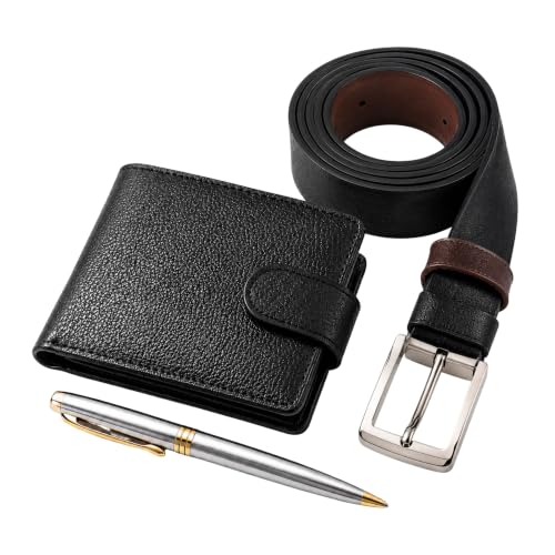 Kit Masculino 3 Peças com Cinto Dupla Face 130 cm, Carteira 100% Couro e Caneta com Estojo Acrílico - Presente Masculino Homem