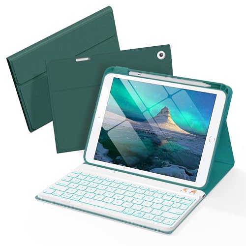 Senyoson Folio Keyboard Case for iPad 9.7 inch 6th 2018, 5th 2017, Air 2 2014 Released, Magnetic Wireless Detachable Keyboard, 7-Color Backlight, Thin & Light, Pencil Holder (Cyan)