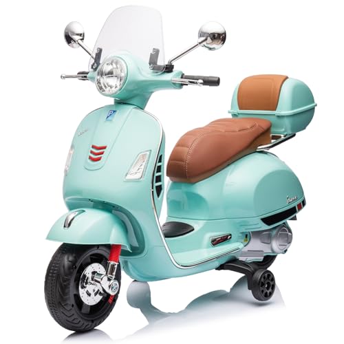 Mondial Toys Moto Elettrica Per Bambini 12V Con Licenza Ufficiale Vespa Piaggio – Modello Gts Super, Luci Led, MP3, Sedile In Pelle, Bauletto – Verde Tiffany