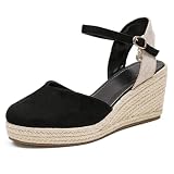  LarDorLin Espadrille Compensées Femme Bout Fermé Bride Cheville Sandals Plateforme Eté Confort Suède Boucle Compenséess Noir Taille 38 EU (39 CN)