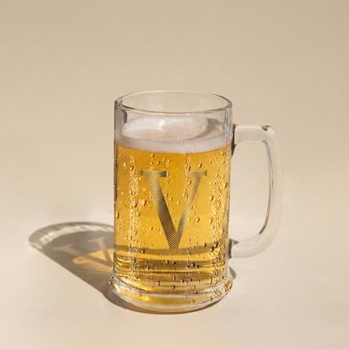 COLLECTIVE HOME Personalized Monogram Beer Mug - 14oz Glass Stein with Gilded Accents, Ready-to-Gift in Designer Box, Premium Gift Box for Men, Birthday or Father's Day (V)