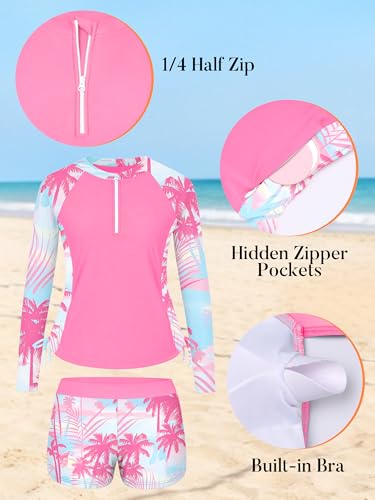 Image of Girls Rash Guard Swimsuit Long Sleeve Swim Shirt with Pockets UPF 50+ 7-16Y