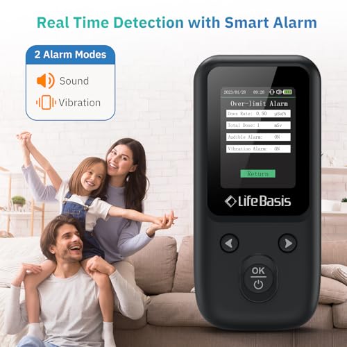 LifeBasis Nuclear Radiation Detector Geiger Counter, Rechargeable Radiation Dosimeter with TFT Display and Smart Alert Beta Gamma X-ray Radiation Monitor - with Lanyard and Bracket, Matte Black