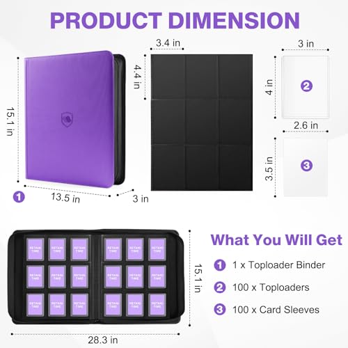 Image of Top Loader Binder 9 Pocket, Holds 360 Toploaders, 100 Toploaders INCLUDED | Toploader Binder for 3 inch x 4 inch Rigid Toploaders, Trading Card Binder for TCG, MTG, Sport Cards, PU Leather Cover, Side Loading