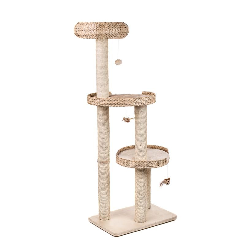 zooplus Árbol rascador Natural Home III, con generosos espacios para dormir de jacinto de agua, placa de suelo de madera auténtica sin tratar, tres figuras de peluche | altura: 154 cm