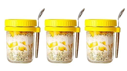 STAR WORK Overnight Oats Jars with Spoon and Lid Airtight Oatmeal Container with Measurement Marks, Mason Jars with Lid for Cereal On The Go Container Pack Of (Yellow, 2) (B0C5RDDVJR) Amazon Price History, Amazon Price Tracker