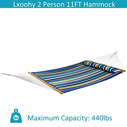 Lxoohy 12 Ft Quilted Patio Hammock With Pillow, Outdoor 2 Person Hammock Double Size Hammock With Chains And Hooks Outdoor & Indoor 440Lbs Capacity Spreader Bar Hammock, Blue Aqua #TOP2