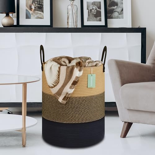 Image of Large Cotton Rope Laundry Hamper for Clothes 65L, Brown & Black | 16 inchx 20 inch, Tall Woven Storage Basket for Nursery, Bedroom & Living Room; Stores Clothes, Blankets, Pillows, Toys & Towels