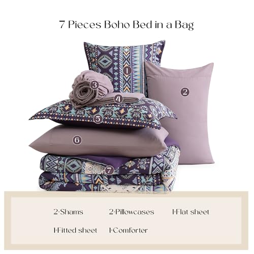 Image of Geniospin Full Comforter Set - 7 Pieces Bed in a Bag, Comfortable Western Bedding Sets for All Seasons, Lightweight Soft Boho Comforter Bed Set with Sheets, Pillowcases & Shams