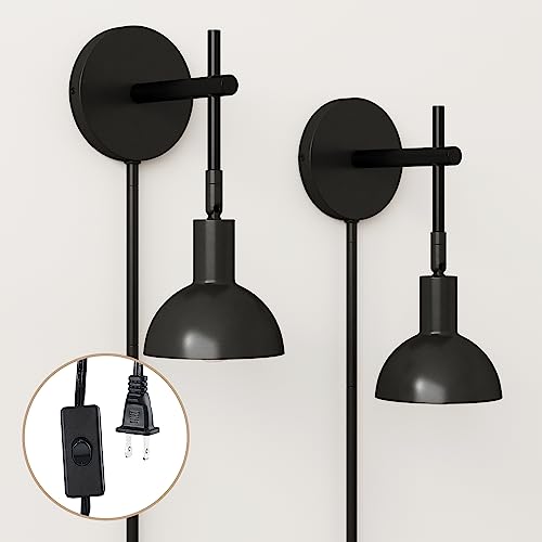 Image of Nathan James Tamlin Wall Light Fixture, Wall Mounted 1-Light Lamp, Plugin Sconce with On /Off Switch for Living Room, Reading Nook or Bedroom, Matte Black, Set of 2