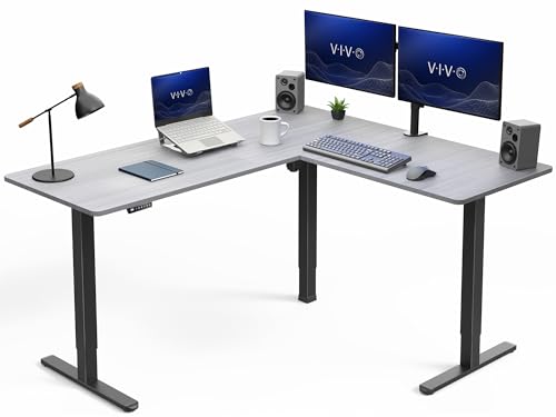 VIVO Corner Standing Desk, 63 x 55 inch Reversible L-Shaped Workstation, Electric Height Adjustment, Home, Office, and Reception Rooms, Dark Gray Table Top Black Frame, DESK-E3CTG