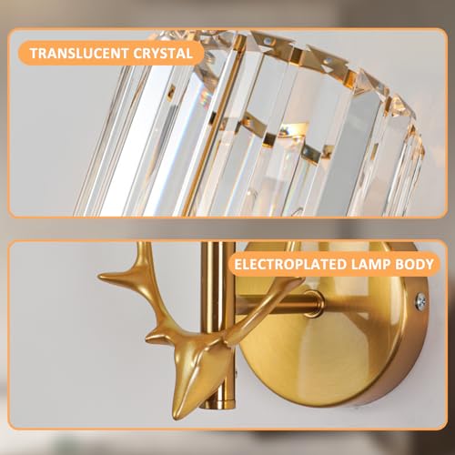 zhxinashu Crystal Gold Wall Light Sconce, Modern Design Wall Light with Deer Horn - Image 2