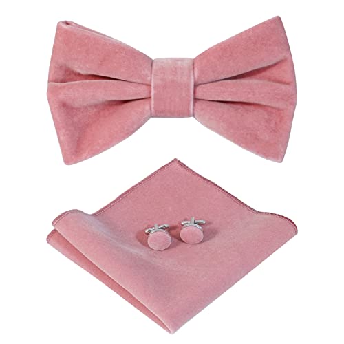 HOULIFE Fliege Herren Set - Verstellbare Fliege aus Samt Vorgebunden Fliegen, einfarbige Einstecktuch, Manschettenknöpfe Set für Bräutigam Hochzeit formal mit Geschenkbox - Rauchrosa
