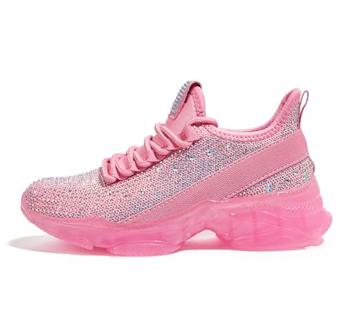 LUCKY STEP Girls Rhinestone Slip On Sneakers Kids Sparkly Lightweight Tennis School Knit Jelly Sole Glitter Walking Shoes Toddler