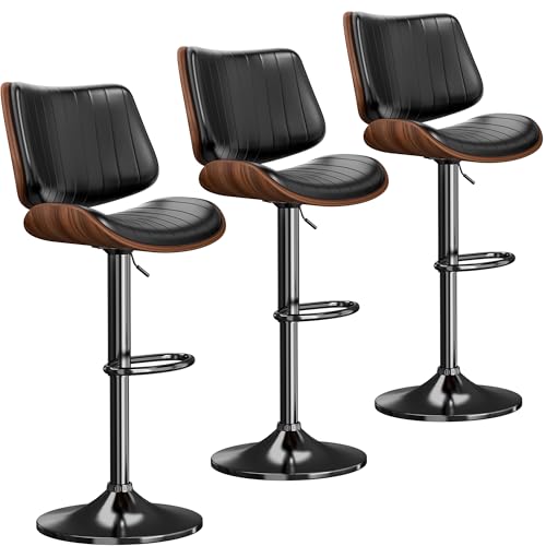 REONEY Swivel Bar Stools Set of 3, Adjustable Bentwood Barstools for Kitchen Counter, Modern PU...