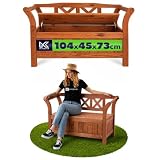 KADAX Banco de jardín, 119 x 43 x 75 cm, banco de madera con espacio de almacenamiento y respaldo, resistente a la intemperie, color marrón