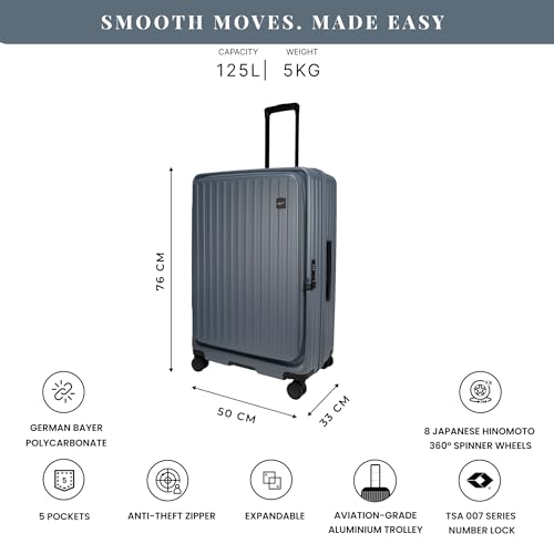 Image of F Gear Montreal Large 76cm German Polycarbonate Hard Luggage|8 Japanese Hinomoto Silent Wheels|Expandable Check-in Front Opening Suitcase for Travel| Anti-Theft Zipper, TSA 007 Lock (Stone Blue)
