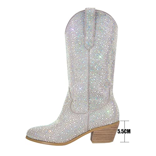 Richealnini Women Cowgirl Cowboy Boots Embroidered Rhinestone Wide Mide Calf Booties Crystal Almond Toe Stacked Heeled Western Country Club Prom Wedding Dress Silver Size 13 #TOP2