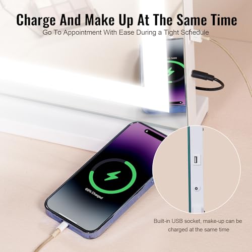 VEVOR Gran Espejo de Maquillaje Iluminado con Tres Modos de Iluminación de Color, LED Luces, Aumento de 5X, Puerto USB, Control Táctil Inteligente, Montaje en Pared de Escritorio, 800 x 120 x 572 mm - imagen 6